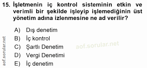 15. soru: İşletmenin iç kontrol sisteminin etkin ve verimli bir şekilde işleyip işlemediğinin üst yönetim adına izlenmesine ne…