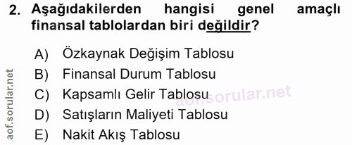 2. soru: Aşağıdakilerden hangisi genel amaçlı finansal tablolardan biri değildir? A) Özkaynak Değişim Tablosu B) Finansal Duru…