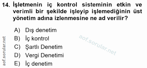 14. soru: İşletmenin iç kontrol sisteminin etkin ve verimli bir şekilde işleyip işlemediğinin üst yönetim adına izlenmesine ne…
