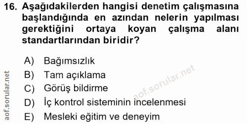 16. soru: Aşağıdakilerden hangisi denetim çalışmasına başlandığında en azından nelerin yapılması gerektiğini ortaya koyan çalış…