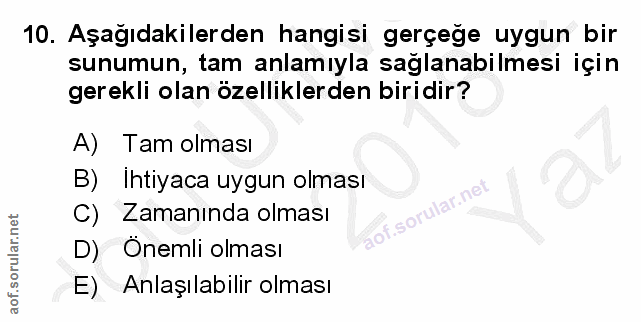10. soru: Aşağıdakilerden hangisi gerçege uygun bir sunumun, tam anlamıyla sağlanabilmesi için gerekli olan özelliklerden birid…