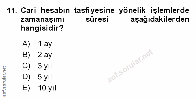 11. soru: Cari hesabın tasfiyesine yönelik işlemlerde zamanaşımı süresi aşağıdakilerden hangisidir? A) 1 ay B) 2 ay C) 3 yıl D)…