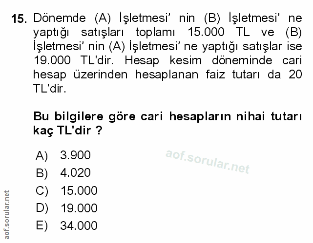 15. soru: Dönemde (A) Işletmesi' nin (B) Işletmesi' ne yaptığı satışları toplamı 15.000 TL ve (B) İşletmesi' nin (A) İşletmesi'…