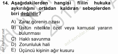 14. soru: Aşağıdakilerden • hangisi fiilin hukuka aykırılığını ortadan kaldıran sebeplerden biri değildir? A) Zarar görenin rız…