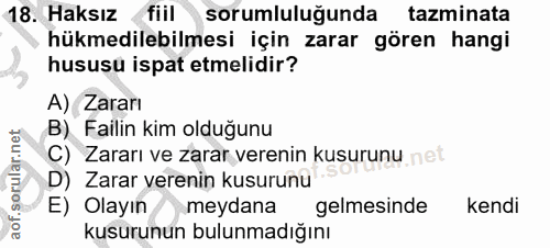18. soru: Haksız fiil sorumluluğunda tazminata hükmedilebilmesi için zarar gören hangi hususu ispat etmelidir? A) Zararı B) Fai…