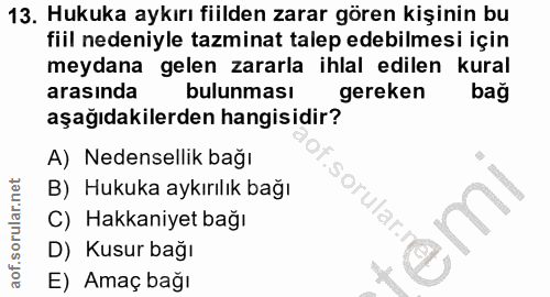 13. soru: Hukuka aykırı fiilden zarar gören kişinin bu fiil nedeniyle tazminat talep edebilmesi için meydana gelen zararla ihla…