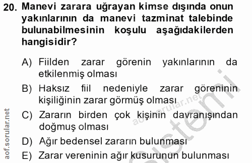 20. soru: Manevi zarara uğrayan kimse dışında onun yakınlarının da manevi tazminat talebinde bulunabilmesinin koşulu aşağıdakil…