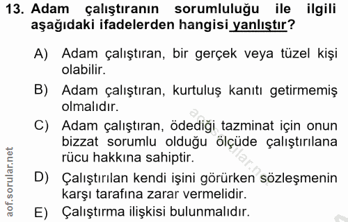 13. soru: Adam çalıştıranın sorumluluğu ile ilgili aşağıdaki ifadelerden hangisi yanlıştır? A) Adam çalıştıran, bir gerçek veya…