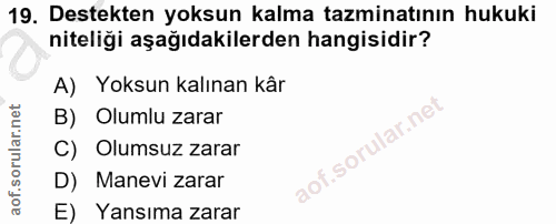 19. soru: Destekten yoksun kalma tazminatının hukuki niteliği aşağıdakilerden hangisidir? A) Yoksun kalınan kâr B) Olumlu zarar…