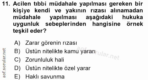 11. soru: Acilen tıbbi müdahale yapılması gereken bir kişiye kendi ve yakının rızası alınamadan müdahale yapılması aşağıdaki hu…