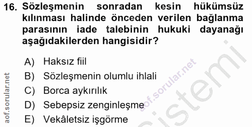 16. soru: Sözleşmenin sonradan kesin hükümsüz kılınması halinde önceden verilen bağlanma parasının iade talebinin hukuki dayana…