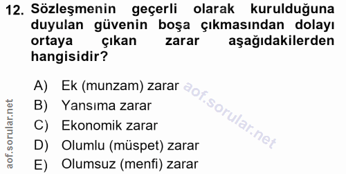 12. soru: Sözleşmenin geçerli olarak kurulduğuna duyulan güvenin boşa çıkmasından dolayı ortaya çıkan zarar aşağıdakilerden han…