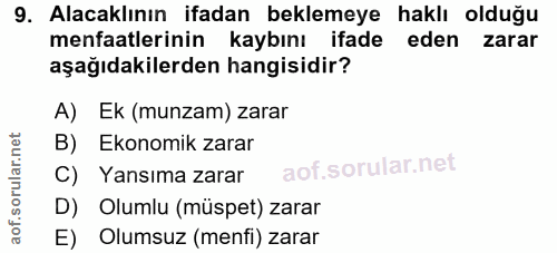9. soru: Alacaklının ifadan beklemeye haklı olduğu menfaatlerinin kaybını ifade eden zarar aşağıdakilerden hangisidir? A) Ek (…