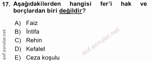 17. soru: Aşağıdakilerden hangisi fer'i hak ve borçlardan biri değildir? A) Faiz B) Intifa C) Rehin D) Kefalet E) Ceza koşulu