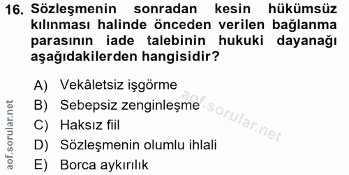 16. soru: Sözleşmenin sonradan kesin hükümsüz kılınması halinde önceden verilen bağlanma parasının iade talebinin hukuki dayana…