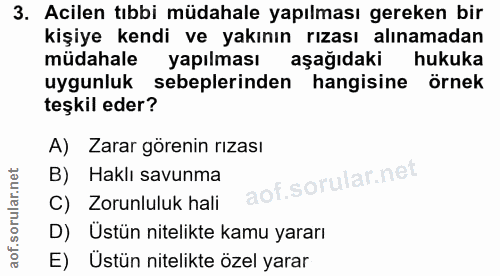 3. soru: Acilen tıbbi müdahale yapılması gereken bir kişiye kendi ve yakının rızası alınamadan müdahale yapılması aşağıdaki hu…