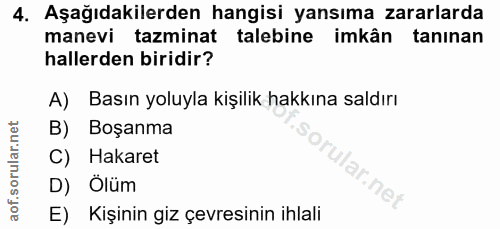 4. soru: Aşağıdakilerden hangisi yansıma zararlarda manevi tazminat talebine imkân tanınan hallerden biridir? A) Basın yoluyla…