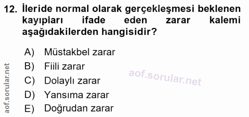 12. soru: İleride normal olarak gerçekleşmesi beklenen kayıpları ifade eden zarar kalemi aşağıdakilerden hangisidir? A) Müstakb…