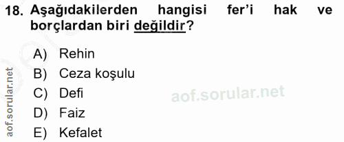 18. soru: Aşağıdakilerden hangisi fer'i hak ve borçlardan biri değildir? A) Rehin B) Ceza koşulu C) Defi D) Faiz E) Kefalet