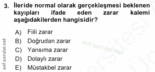 3. soru: İleride normal olarak gerçekleşmesi beklenen kayıpları ifade eden zarar kalemi aşağıdakilerden hangisidir? A) Fiili z…