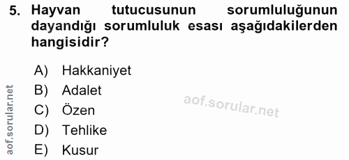 5. soru: Hayvan tutucusunun sorumluluğunun dayandığı sorumluluk esası aşağıdakilerden hangisidir? A) Hakkaniyet B) Adalet C) Ö…
