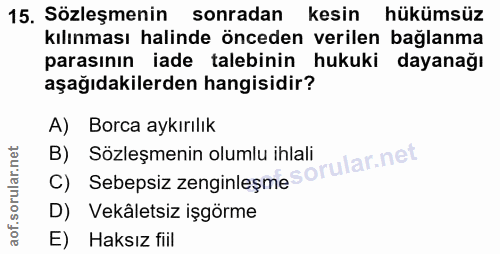 15. soru: Sözleşmenin sonradan kesin hükümsüz kılınması halinde önceden verilen bağlanma parasının iade talebinin hukuki dayana…