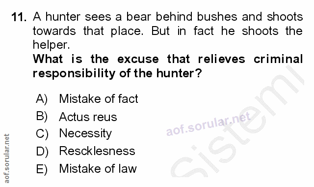 11. soru: A hunter sees a bear behind bushes and shoots towards that place. But in fact he shoots the helper. What is the excus…