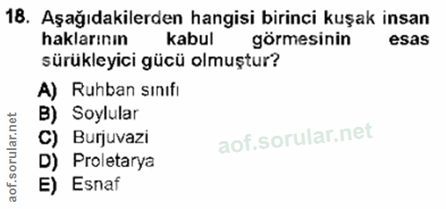 18. soru: Aşağıdakilerden hangisi birinci kuşak insan haklarının kabul görmesinin esas sürükleyici gücü olmuştur? A) Ruhban sın…