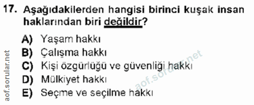 17. soru: Aşağıdakilerden hangisi birinci kuşak insan haklarından biri değildir? A) Yaşam hakkı B) Çalışma hakkı C) Kişi özgürl…