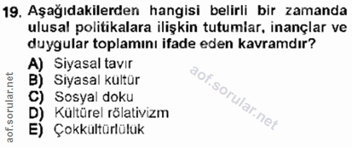 19. soru: Aşağıdakilerden hangisi belirli bir zamanda ulusal politikalara ilişkin tutumlar, inançlar ve duygular toplamını ifad…
