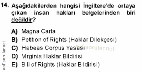 14. soru: Aşağıdakilerden hangisi ingiltere'de ortaya çıkan insan hakları belgelerinden biri değildir? A) Magna Carta B) Petiti…