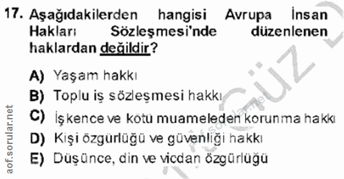 17. soru: Aşağıdakilerden hangisi Avrupa İnsan Hakları Sözleşmesi'nde düzenlenen haklardan değildir? A) Yaşam hakkı B) Toplu iş…