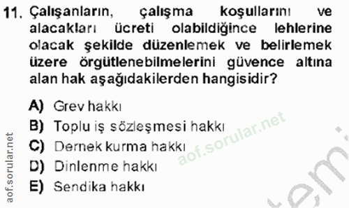 11. soru: Çalışanların, çalışma koşullarını ve alacakları ücreti olabildigince lehlerine olacak şekilde düzenlemek ve belirleme…
