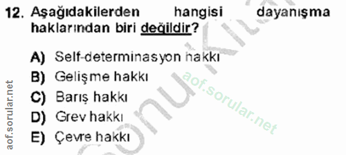 12. soru: Aşağıdakilerden hangisi dayanışma haklarından biri değildir? A) Self-determinasyon hakkı B) Gelişme hakkı C) Barış ha…