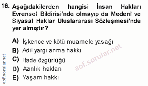 16. soru: Aşağıdakilerden hangisi insan Hakları Evrensel Bildirisi'nde olmayıp da Medenî ve Siyasal Haklar Uluslararası Sözleşm…