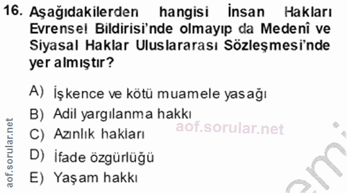 16. soru: Aşağıdakilerden hangisi Insan Hakları Evrensel Bildirisi'nde olmayıp da Medeni ve Siyasal Haklar Uluslararası Sözleşm…