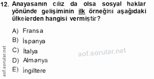 12. soru: Anayasanın cılız da olsa sosyal haklar yönünde gelişiminin ilk örneğini aşağıdaki ülkelerden hangisi vermiştir? A) Fr…