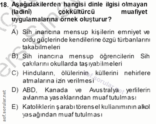 18. soru: Aşağıdakilerden hangisi dinle ilgisi olmayan (la dini) çokkültürcü muafiyet uygulamalarına örnek oluşturur? A) Sih in…