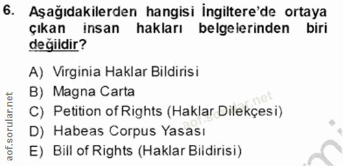 6. soru: Aşağıdakilerden hangisi ingiltere'de ortaya çıkan insan hakları belgelerinden biri değildir? A) Virginia Haklar Bildi…