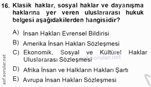 16. soru: Klasik haklar, sosyal haklar ve dayanışma haklarına yer veren uluslararası hukuk belgesi aşağıdakilerden hangisidir?…
