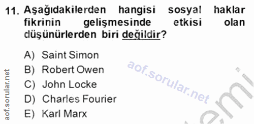 11. soru: Aşağıdakilerden hangisi sosyal haklar fikrinin gelişmesinde etkisi olan düşünürlerden biri değildir? A) Saint Simon B…