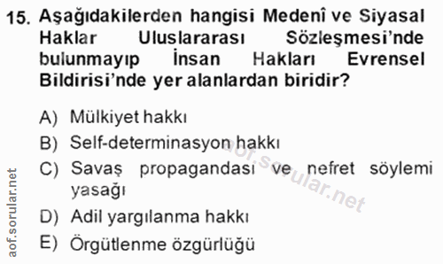 15. soru: Aşağıdakilerden hangisi Medeni ve Siyasal Haklar Uluslararası Sözleşmesi'nde bulunmayıp insan Hakları Evrensel Bildir…