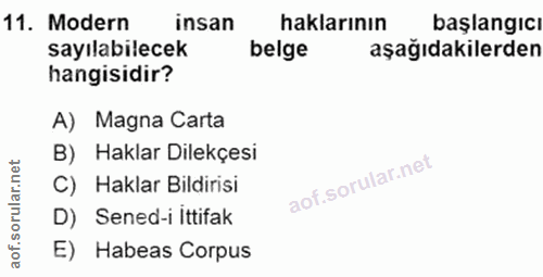 11. soru: Modern insan haklarının başlangıcı sayılabilecek belge aşağıdakilerden hangisidir? A) Magna Carta B) Haklar Dilekçesi…