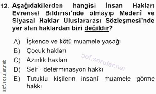 12. soru: Aşağıdakilerden hangisi Insan Hakları Evrense! Bildirisi'nde olmayıp Medeni ve Siyasal Haklar Uluslararası Sözleşmesi…