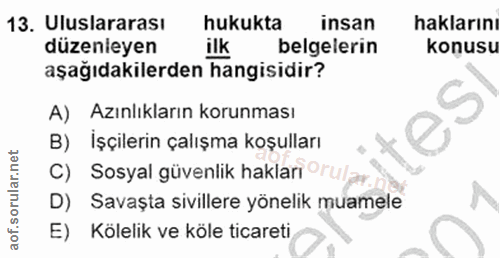 13. soru: Uluslararası hukukta insan haklarını düzenleyen ilk belgelerin konusu aşağıdakilerden hangisidir? A) Azınlıkların kor…