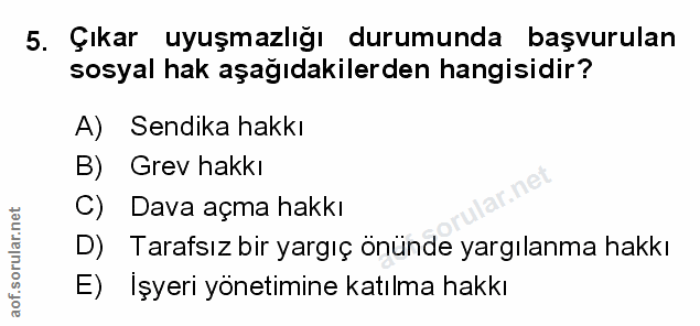 5. soru: Çıkar uyuşmazlığı durumunda başvurulan sosyal hak aşağıdakilerden hangisidir? A) Sendika hakkı B) Grev hakkı C) Dava…