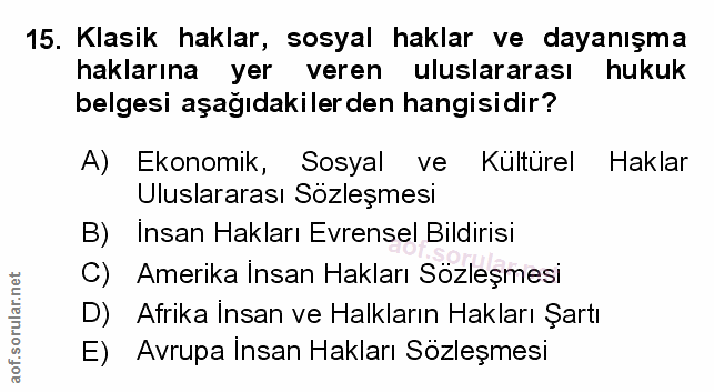 15. soru: Klasik haklar, sosyal haklar ve dayanışma haklarına yer veren uluslararası hukuk belgesi aşağıdakilerden hangisidir?…