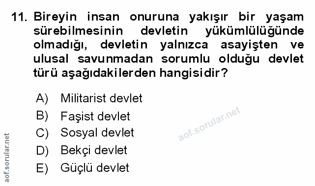 11. soru: Bireyin insan onuruna yakışır bir yaşam sürebilmesinin devletin yükümlülüğünde olmadığı, devletin yalnızca asayişten…