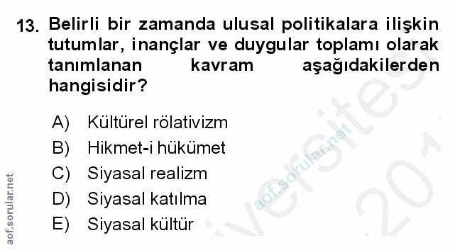 13. soru: Belirli bir zamanda ulusal politikalara ilişkin tutumlar, inançlar ve duygular toplamı olarak tanımlanan kavram aşağı…