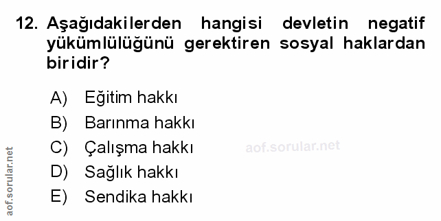 12. soru: Aşağıdakilerden hangisi devletin negatif yükümlülüğünü gerektiren sosyal haklardan biridir? A) Egitim hakkı B) Barınm…